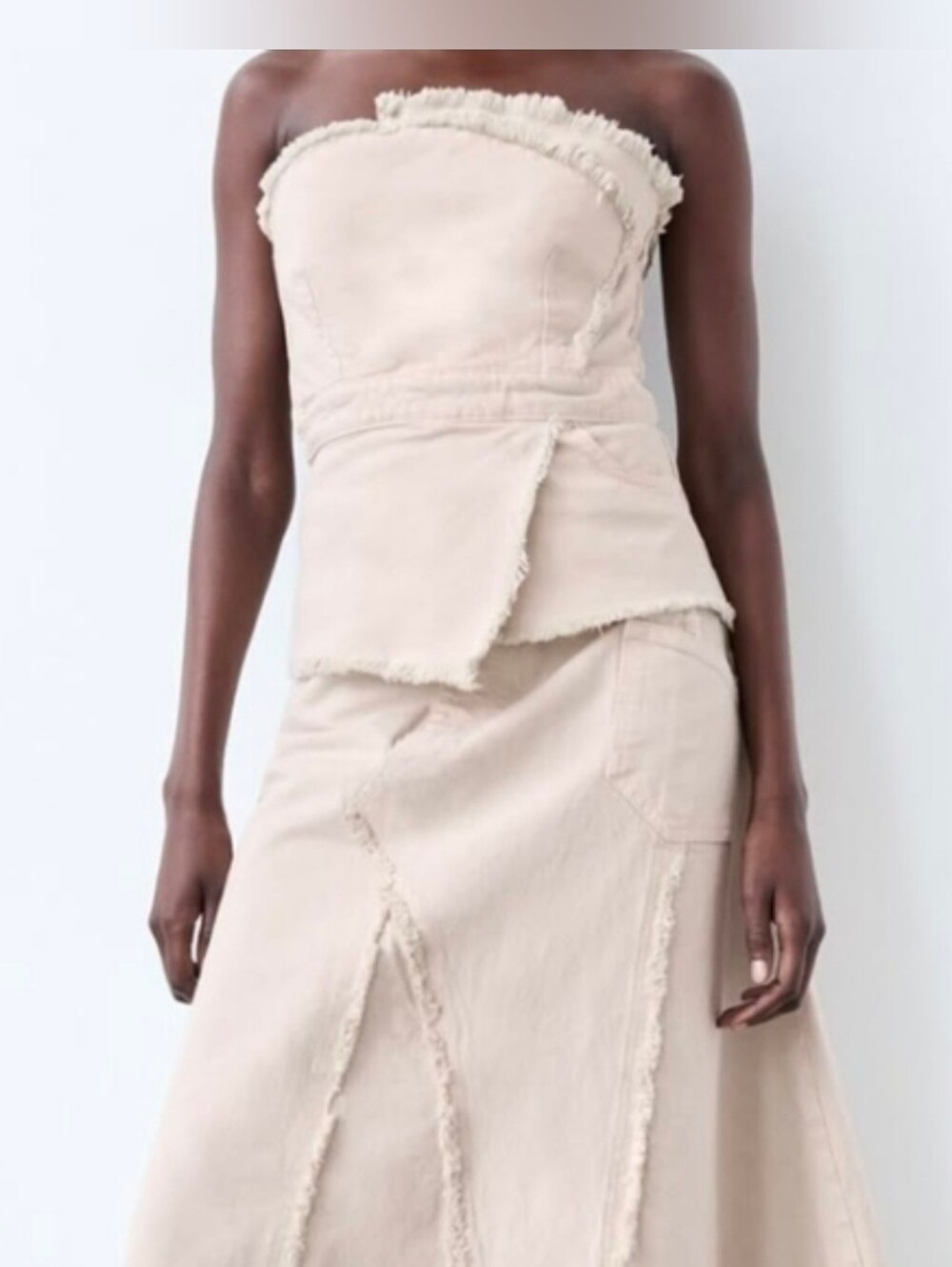 Zara Asymmetric Bustier in Sand Denim Zip Up Strapless XS new with tags